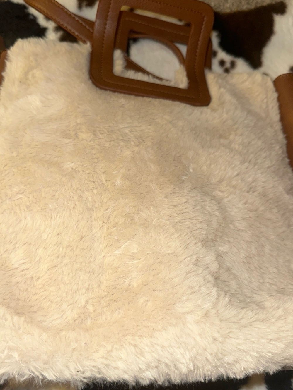 FFC Faux Fur Tote Bag with Tan Leather Handles